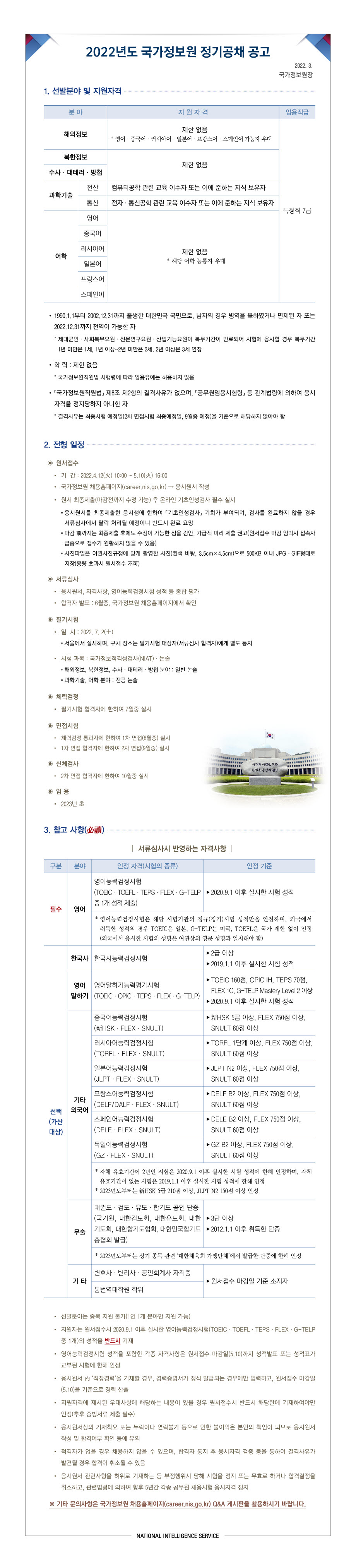 [국가정보원] 정기공채 공고문 및 온라인채용설명회 안내