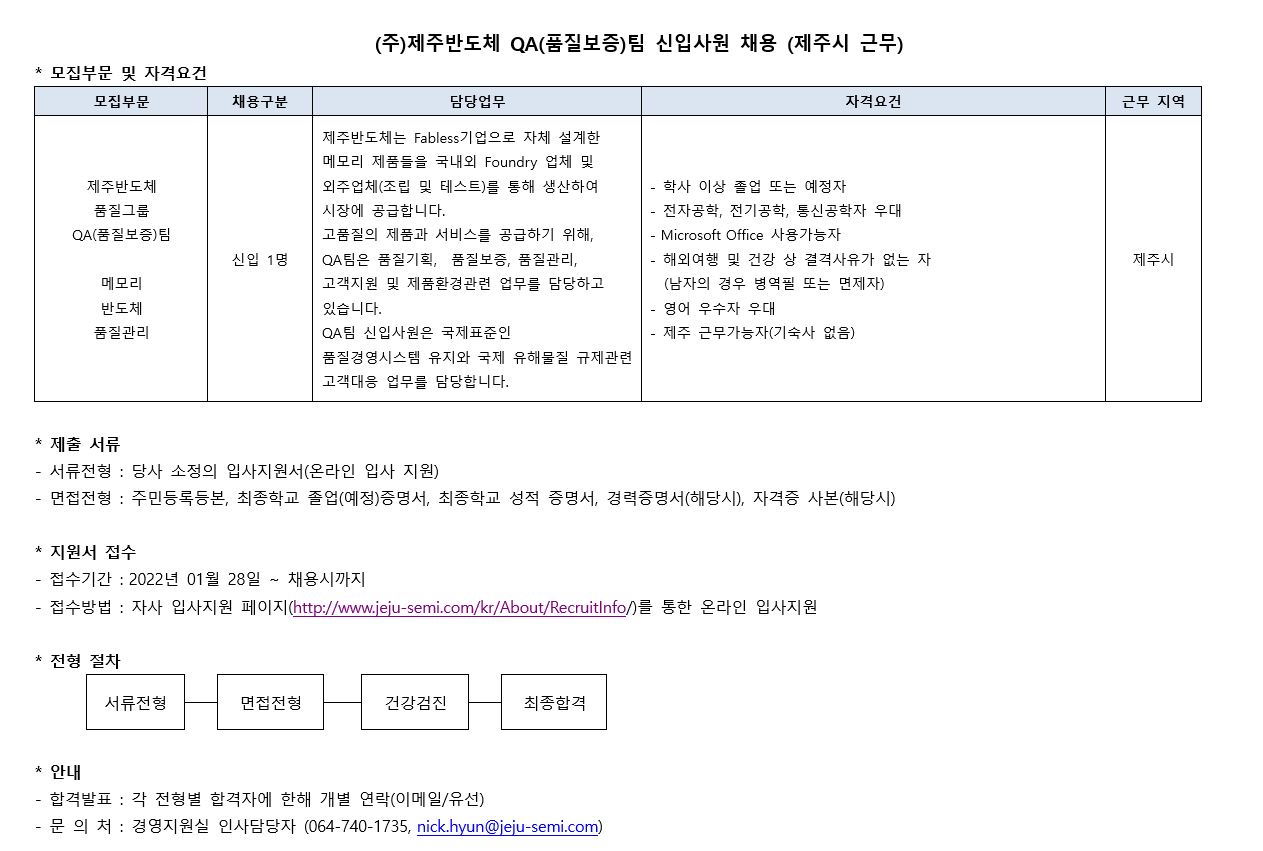 (주) 제주반도체영업관리팀 신입사원 채용공고