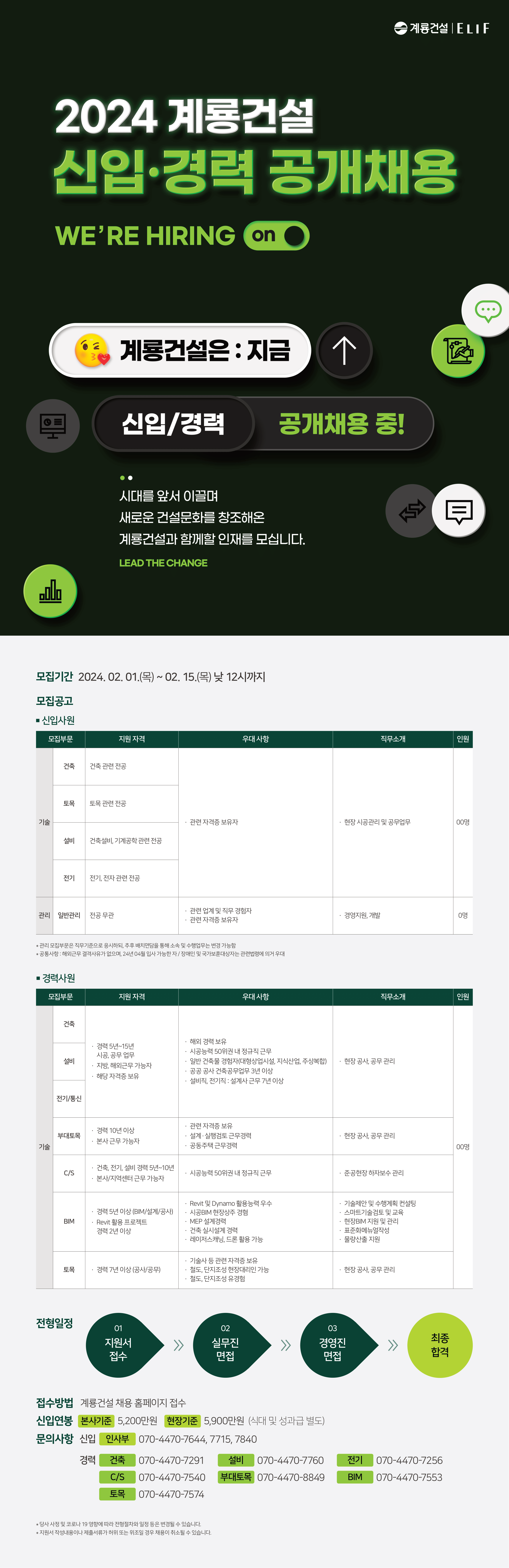 [계룡건설] 2024 계룡건설 전기/통신 신입·경력 공개채용 (~2/15)